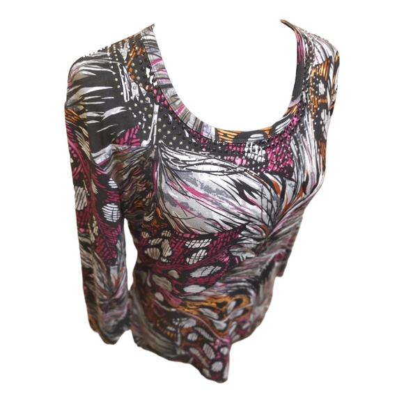 St John New With Tags Shirt, Magenta Orange Black, Silver Jewels, Size Large - Picture 2 of 9